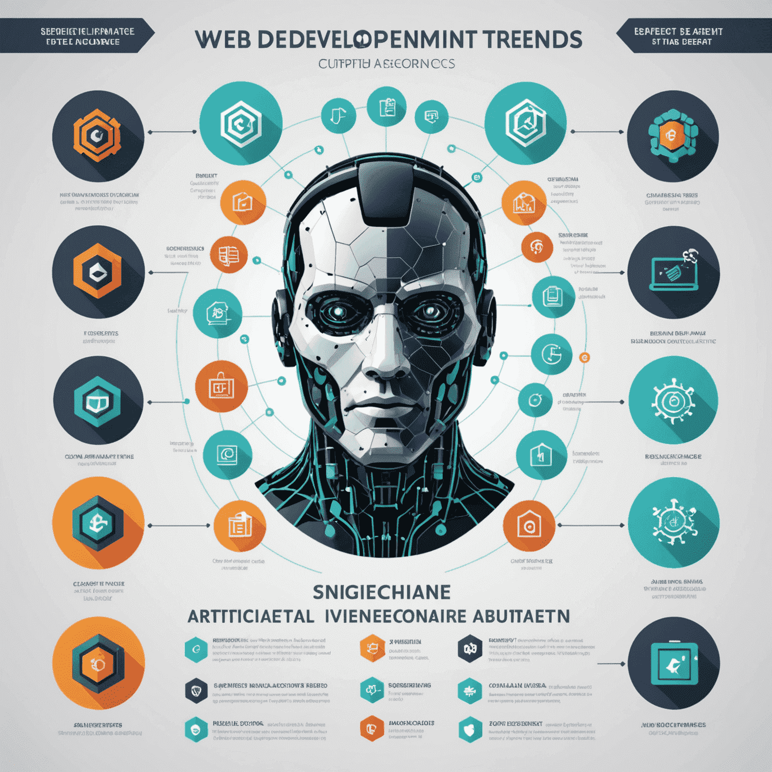 Web geliştirme trendlerini gösteren infografik: yapay zeka, blok zinciri ve artırılmış gerçeklik simgeleri